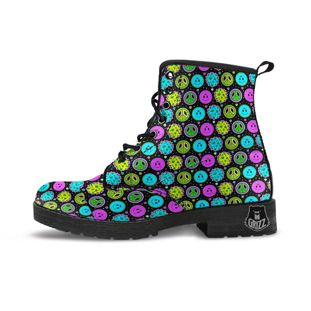 Hippie Peace Symbol And Weed Print Pattern Leather Boots-grizzshop