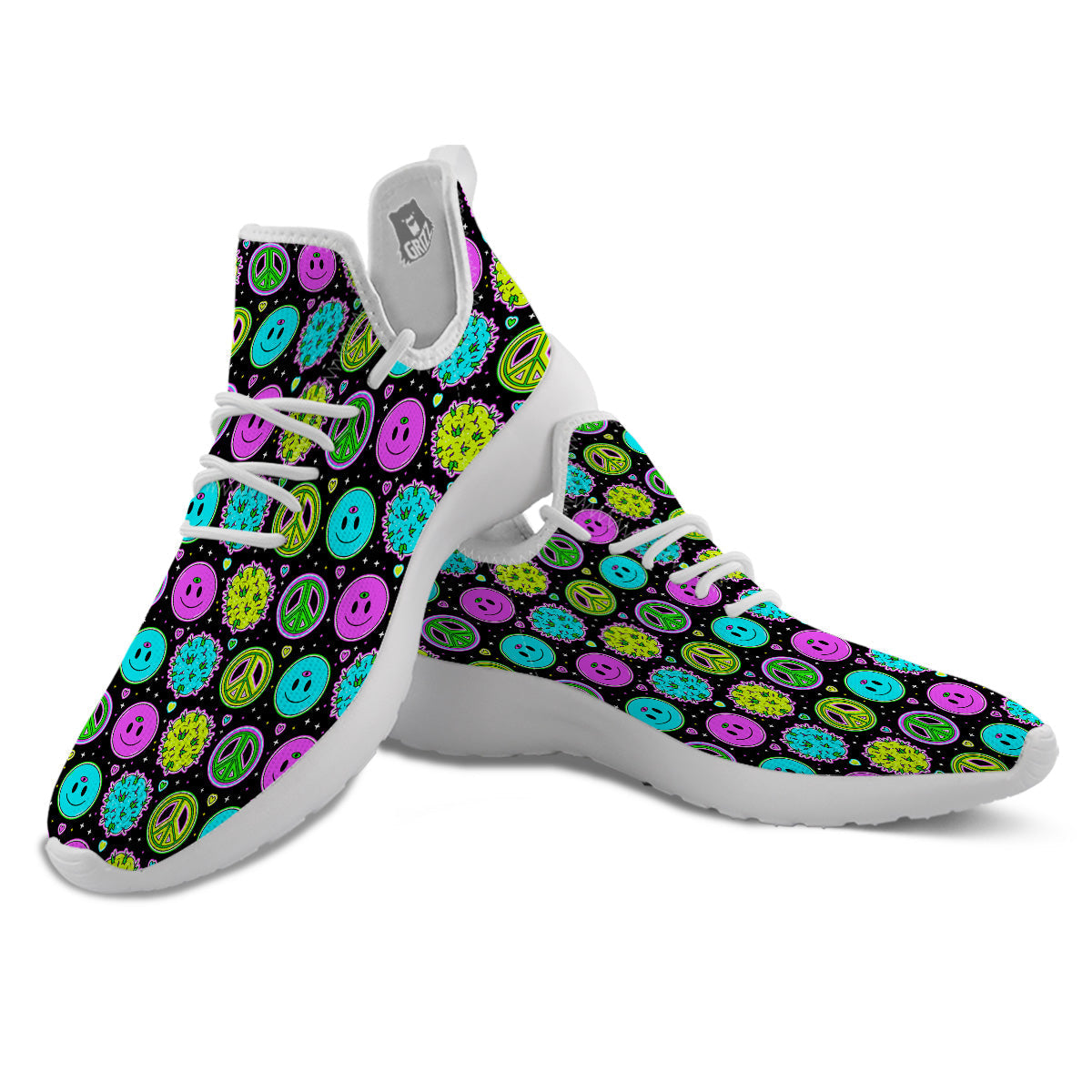 Hippie Peace Symbol And Weed Print Pattern White Athletic Shoes-grizzshop