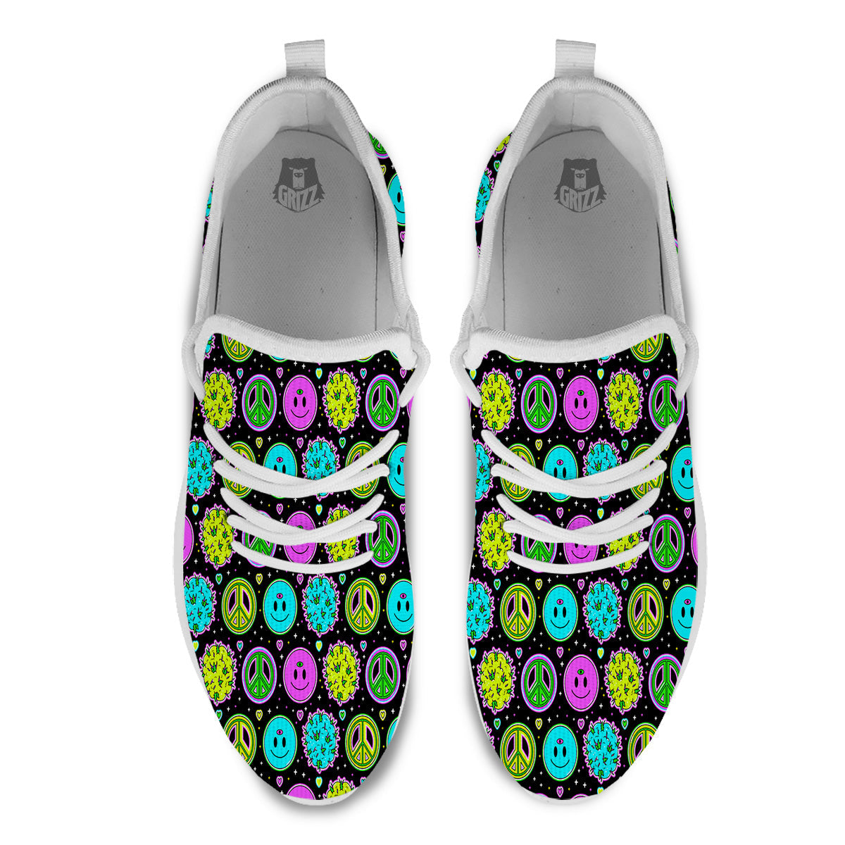 Hippie Peace Symbol And Weed Print Pattern White Athletic Shoes-grizzshop