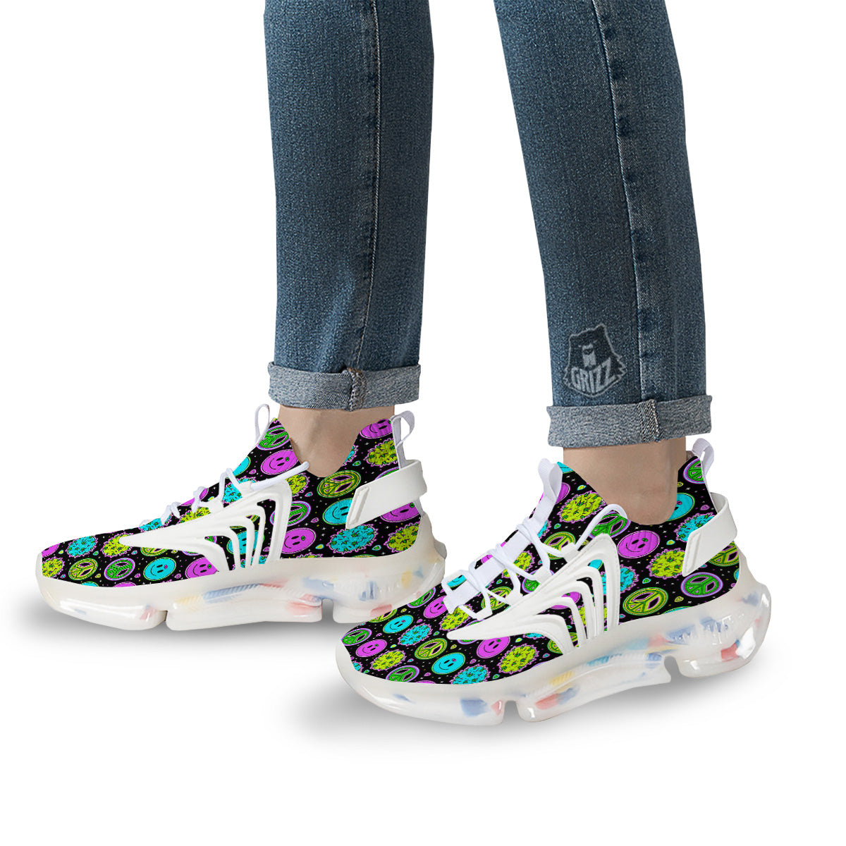 Hippie Peace Symbol And Weed Print Pattern White Gym Shoes-grizzshop