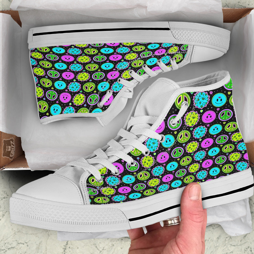 Hippie Peace Symbol And Weed Print Pattern White High Top Shoes-grizzshop