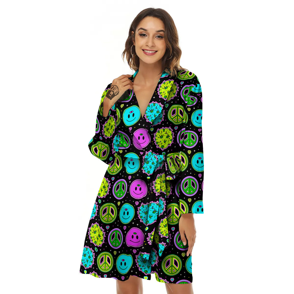 Hippie Peace Symbol And Weed Print Pattern Women's Robe-grizzshop