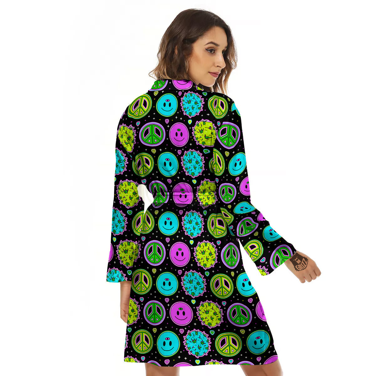 Hippie Peace Symbol And Weed Print Pattern Women's Robe-grizzshop