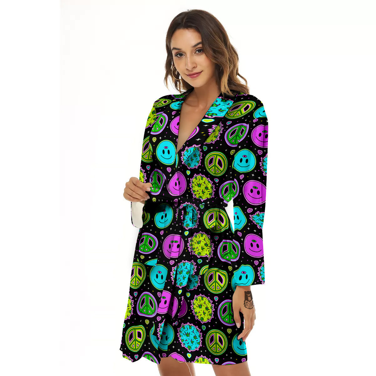 Hippie Peace Symbol And Weed Print Pattern Women's Robe-grizzshop