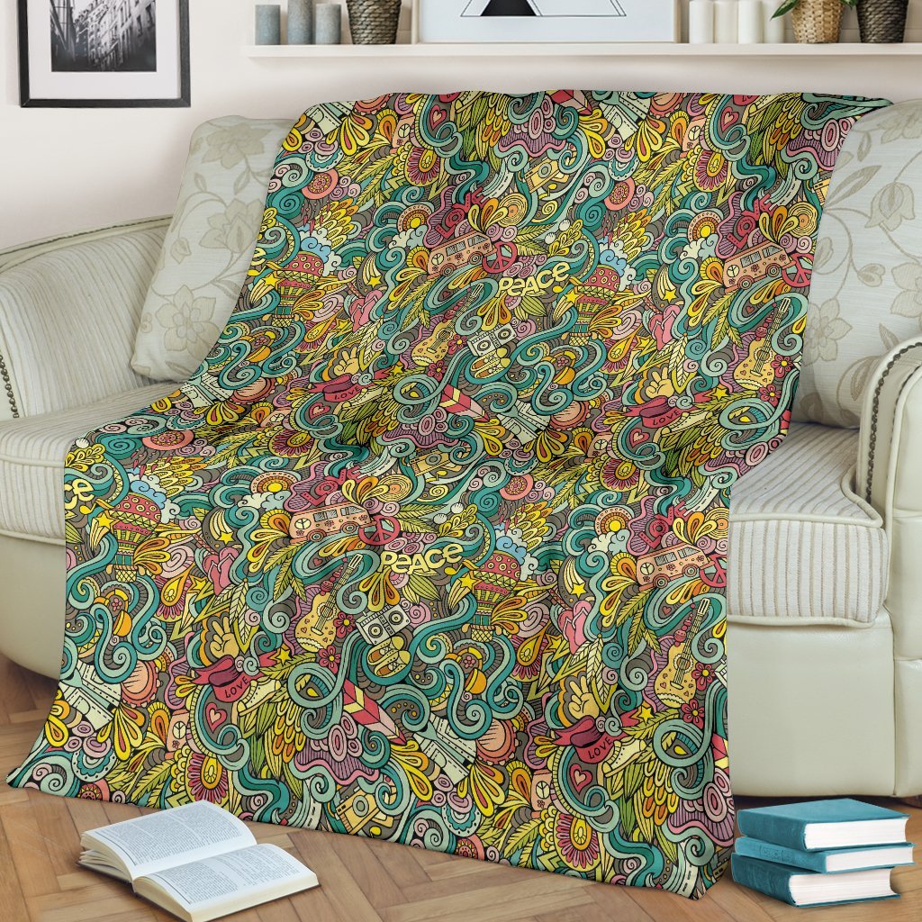 Hippie Psychedelic Van Peace Sign Pattern Print Blanket-grizzshop