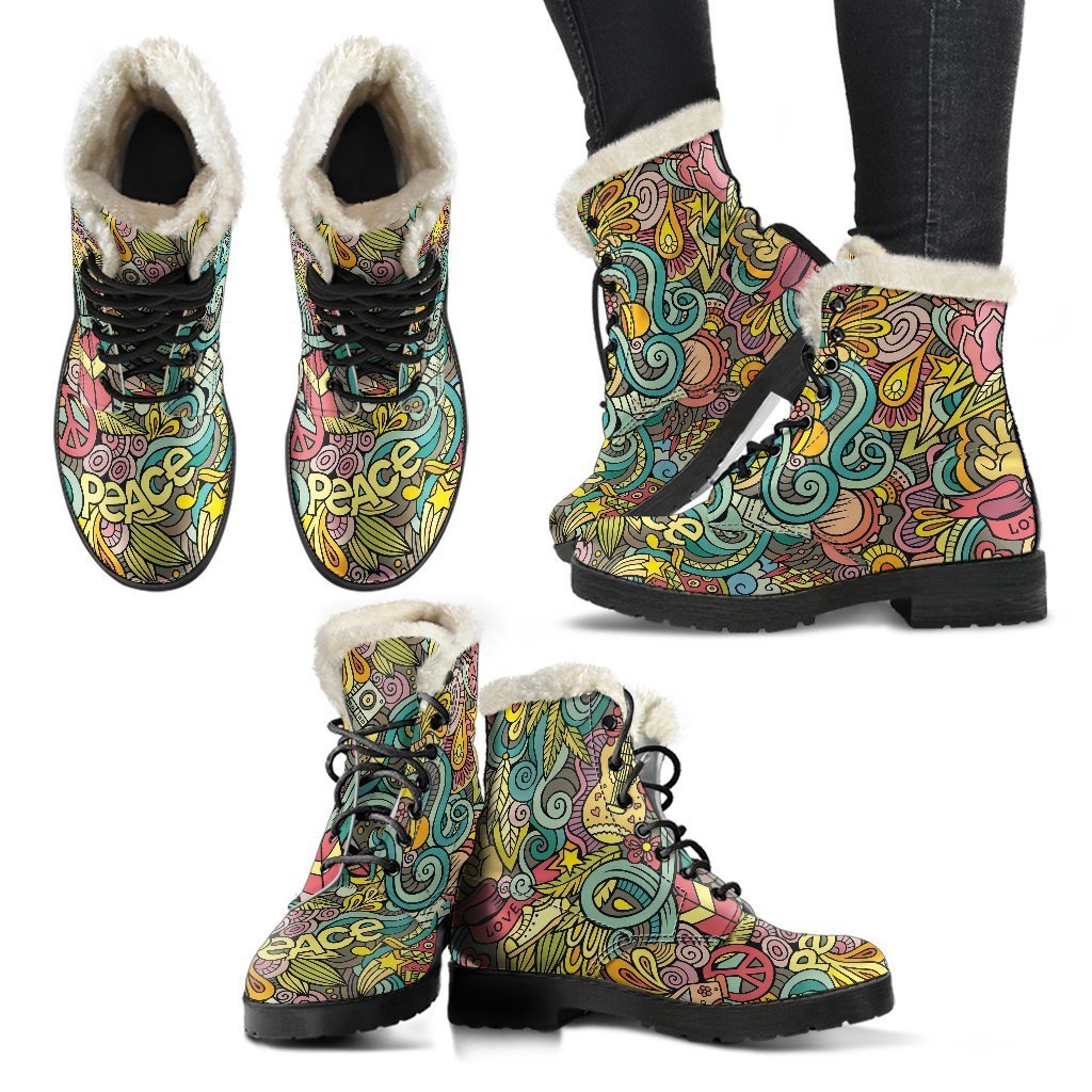 Hippie Psychedelic Van Peace Sign Pattern Print Comfy Winter Boots-grizzshop