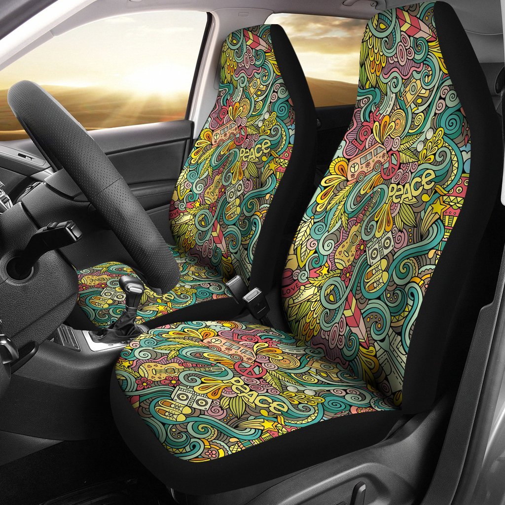 Hippie Psychedelic Van Peace Sign Pattern Print Universal Fit Car Seat Cover-grizzshop