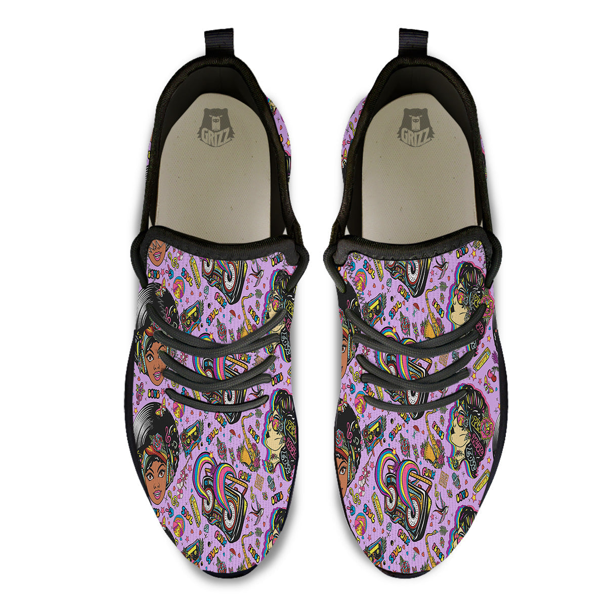 Hippie Retro Funky Women Print Pattern Black Athletic Shoes-grizzshop