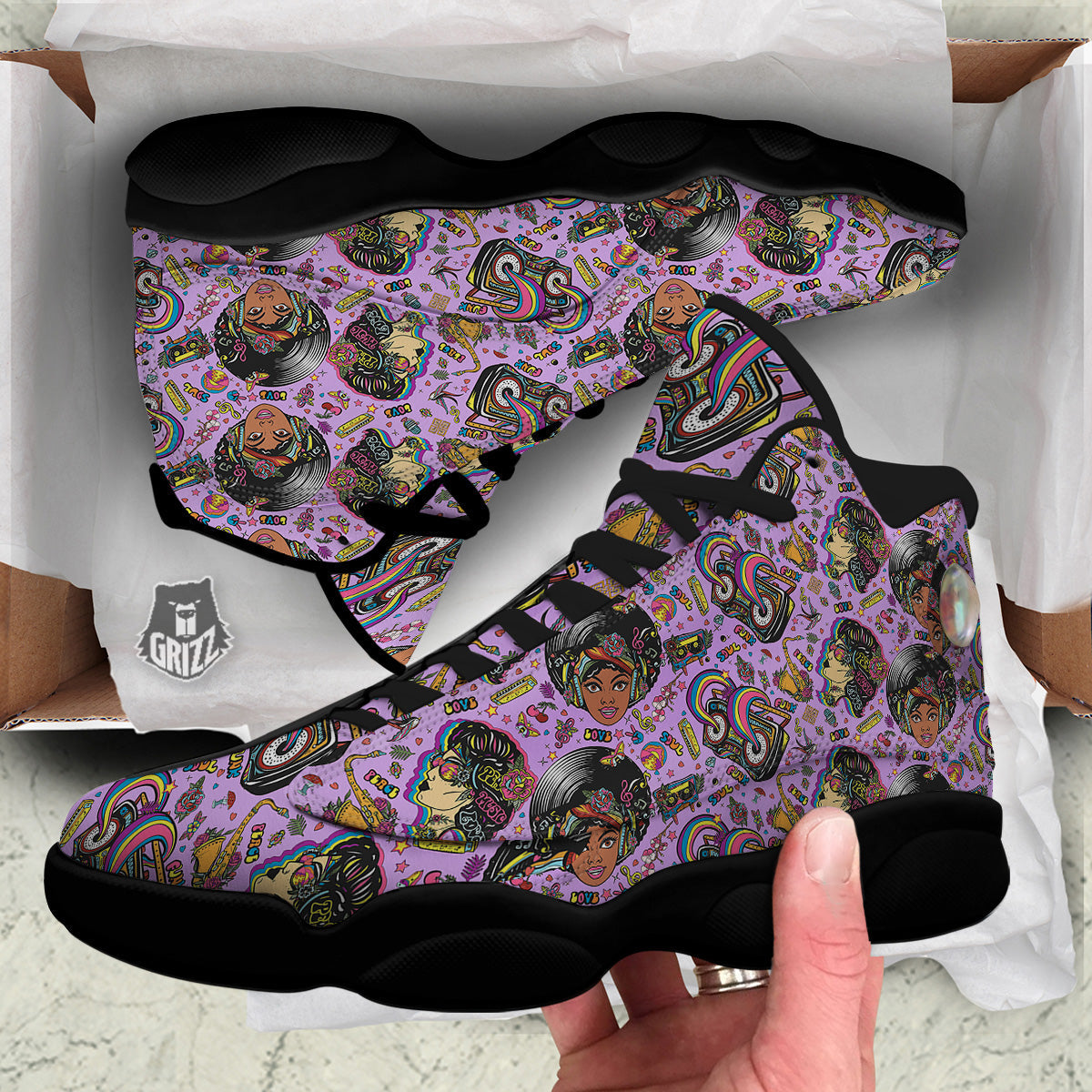 Hippie Retro Funky Women Print Pattern Black Basketball Shoes-grizzshop