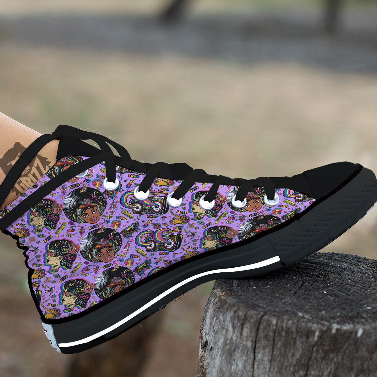 Hippie Retro Funky Women Print Pattern Black High Top Shoes-grizzshop