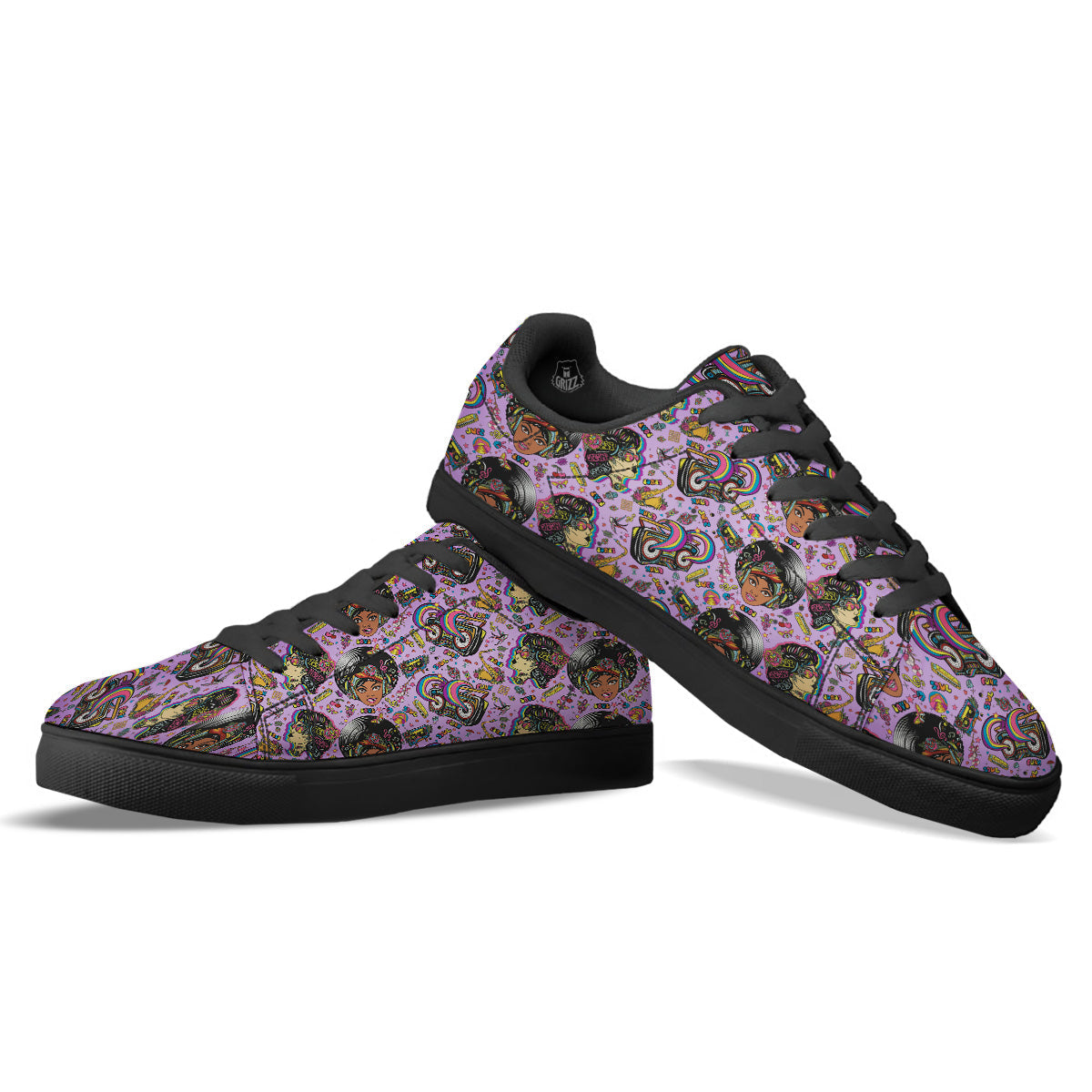 Hippie Retro Funky Women Print Pattern Black Low Top Sneakers-grizzshop