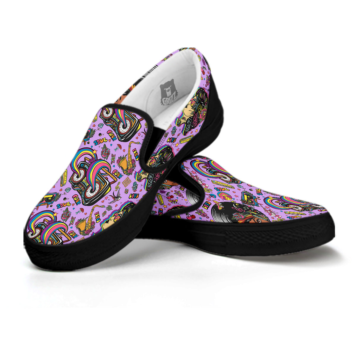 Hippie Retro Funky Women Print Pattern Black Slip On Shoes-grizzshop