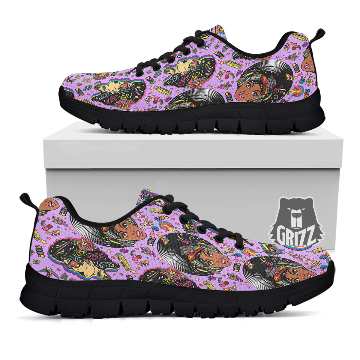 Hippie Retro Funky Women Print Pattern Black Sneaker-grizzshop