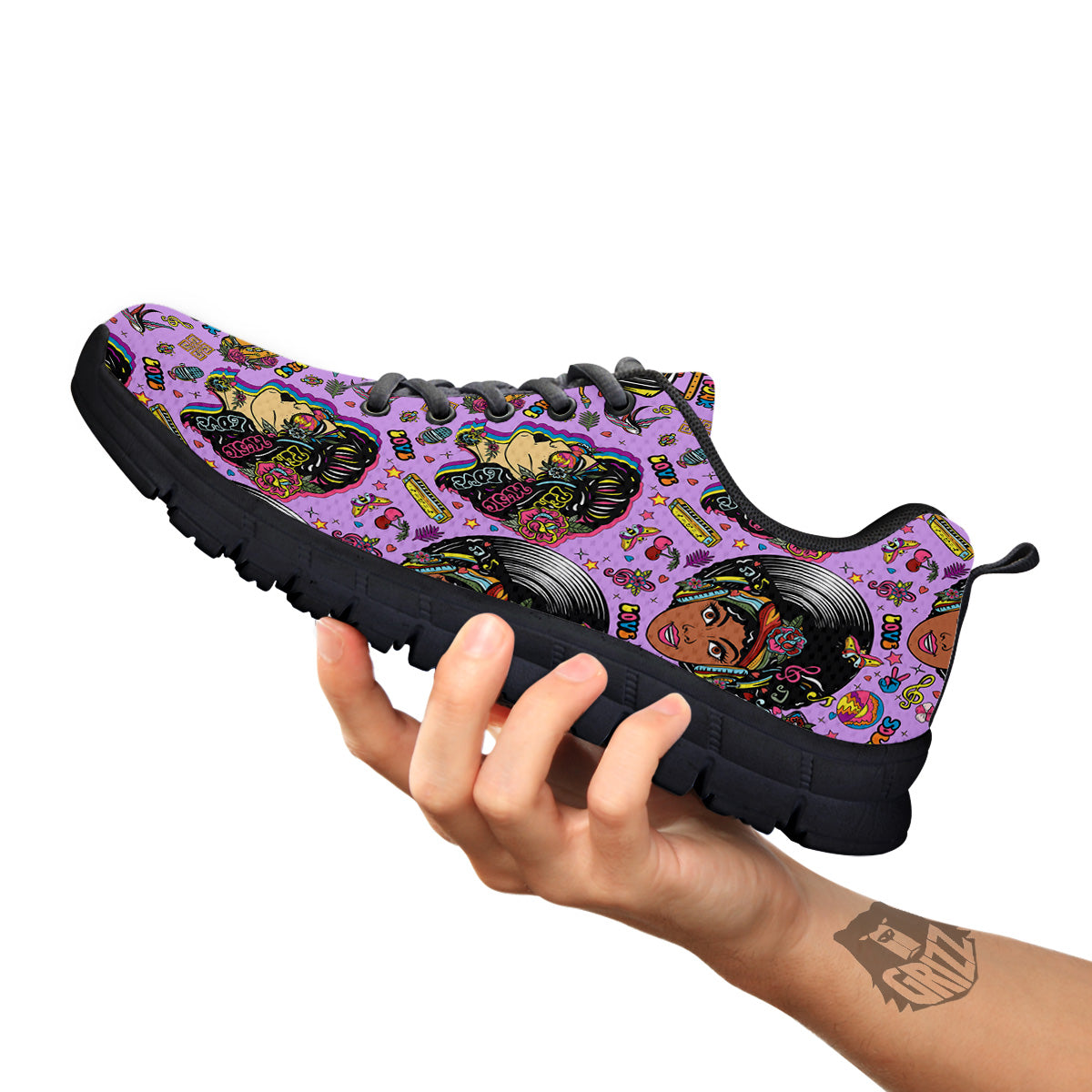 Hippie Retro Funky Women Print Pattern Black Sneaker-grizzshop