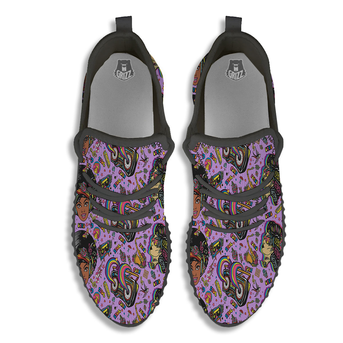 Hippie Retro Funky Women Print Pattern Black Walking Shoes-grizzshop