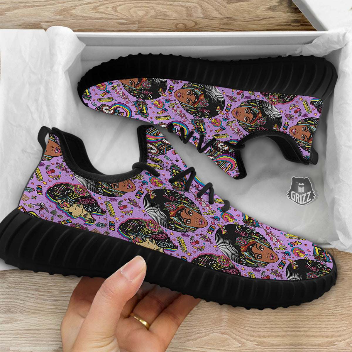 Hippie Retro Funky Women Print Pattern Black Walking Shoes-grizzshop