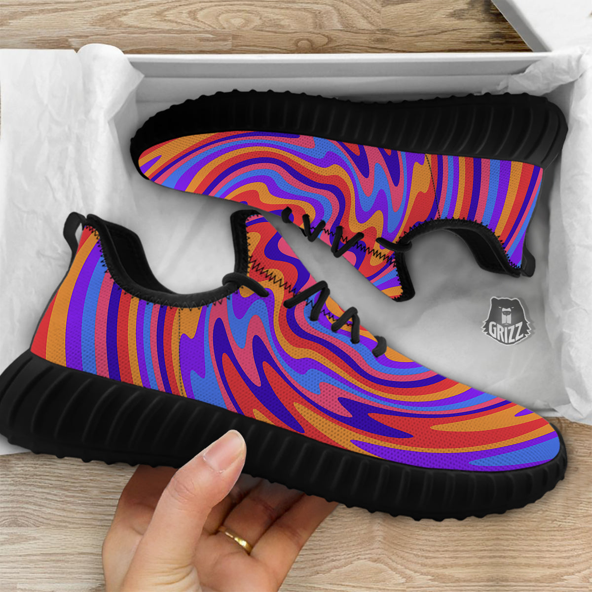 Hippie Trippy Acid Color Print Pattern Black Walking Shoes-grizzshop