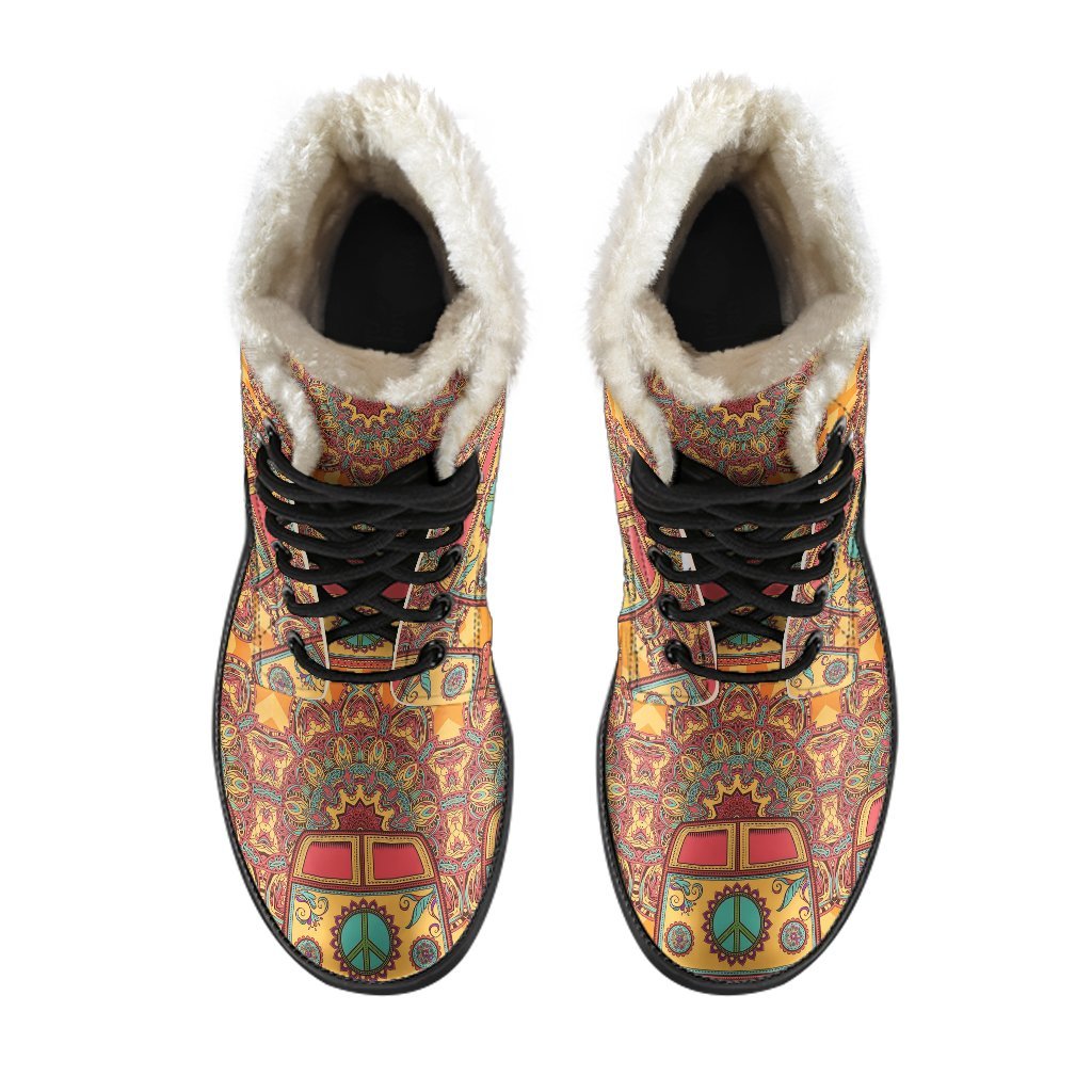 Hippie Van Peace Sign Mandala Pattern Print Comfy Winter Boots-grizzshop