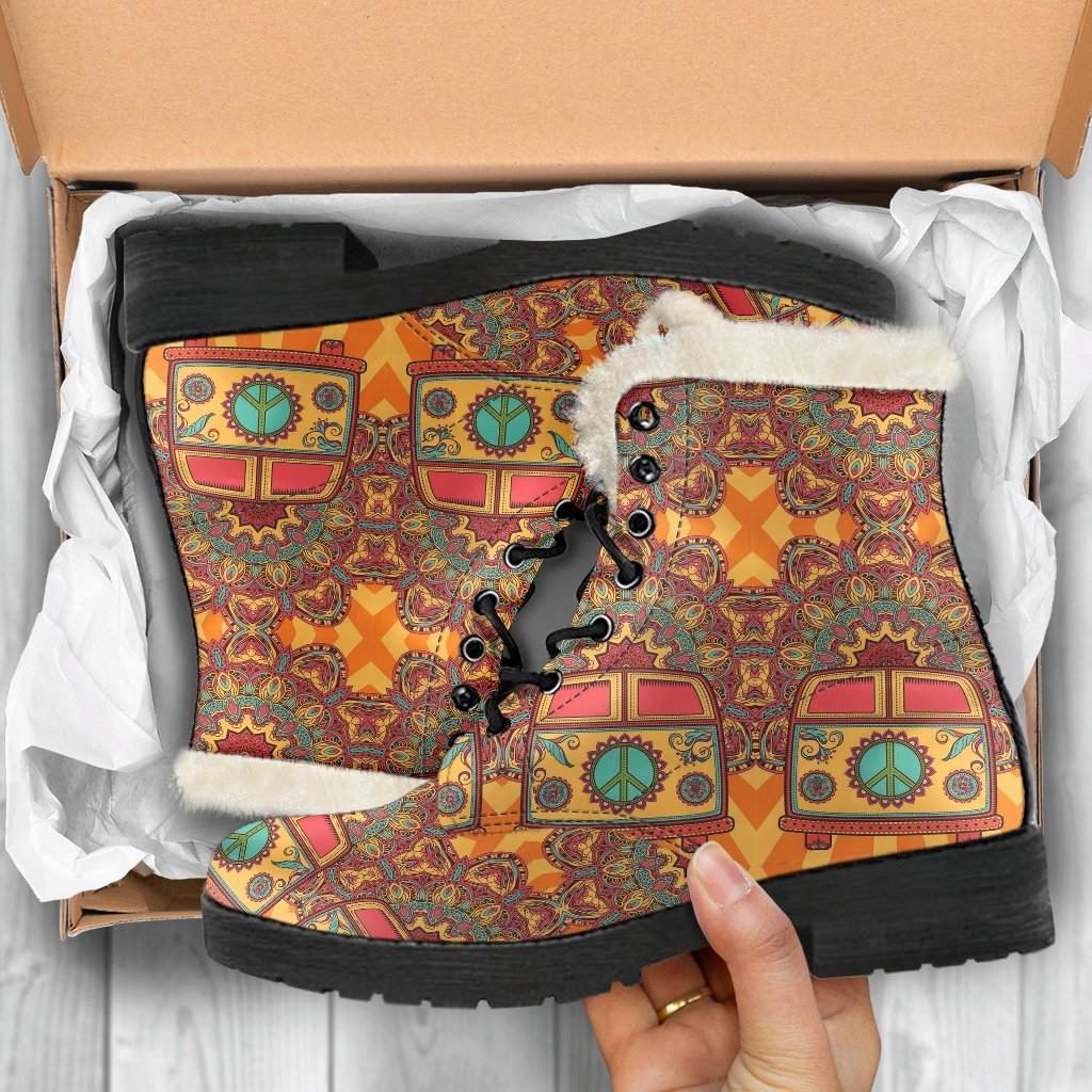 Hippie Van Peace Sign Mandala Pattern Print Comfy Winter Boots-grizzshop