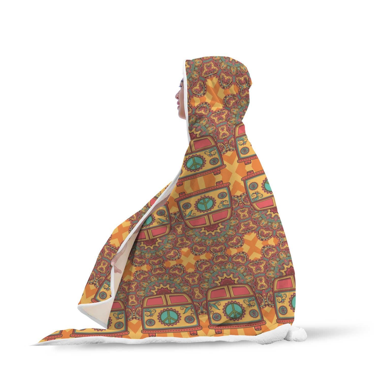 Hippie Van Peace Sign Mandala Pattern Print Hooded Blanket-grizzshop