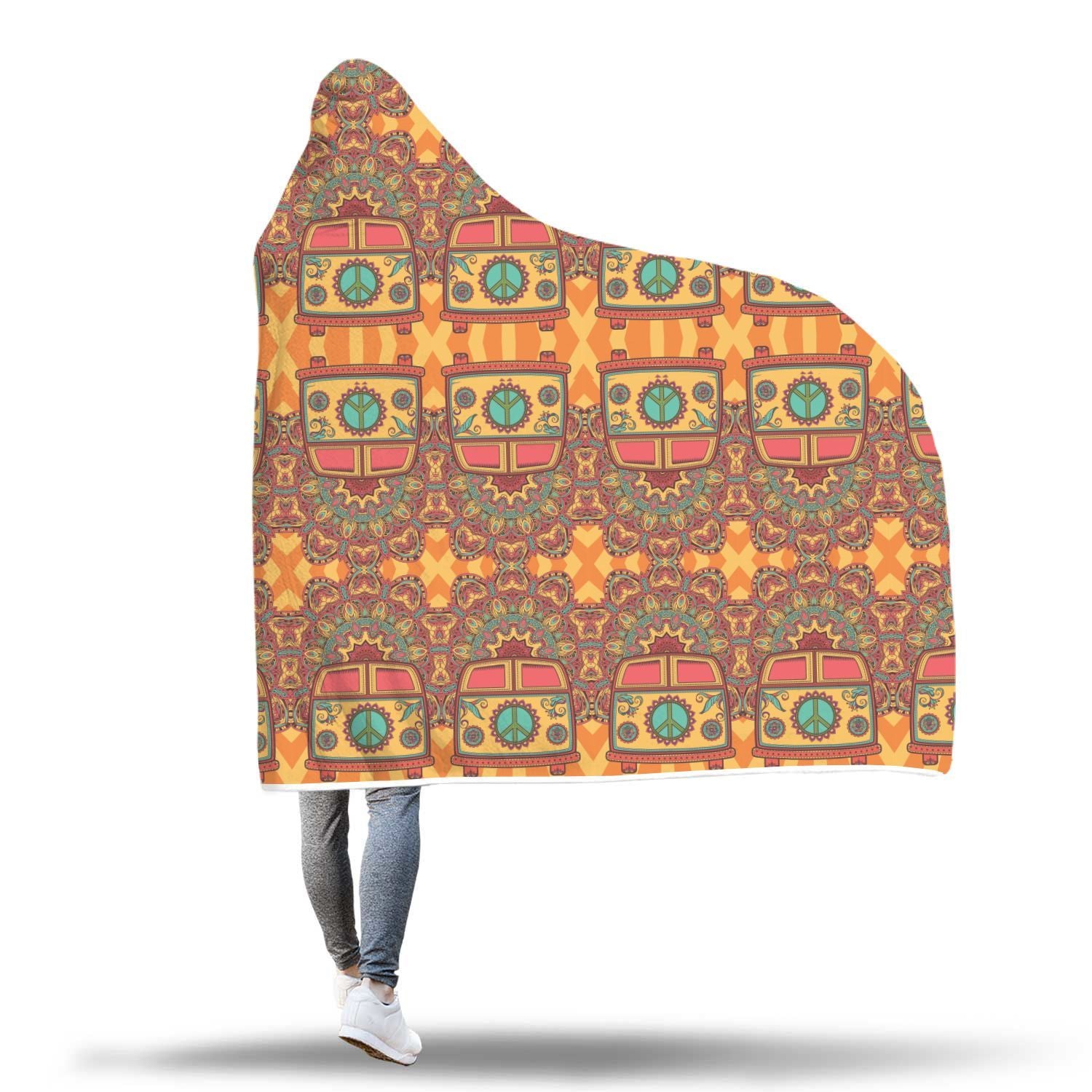 Hippie Van Peace Sign Mandala Pattern Print Hooded Blanket-grizzshop