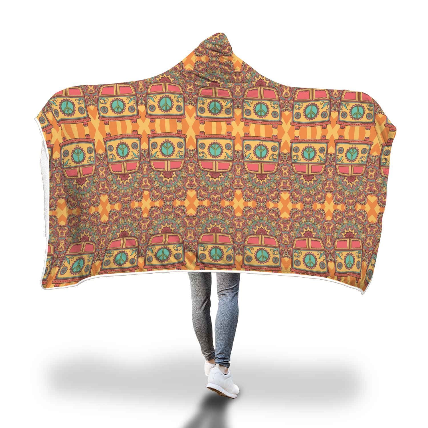 Hippie Van Peace Sign Mandala Pattern Print Hooded Blanket-grizzshop