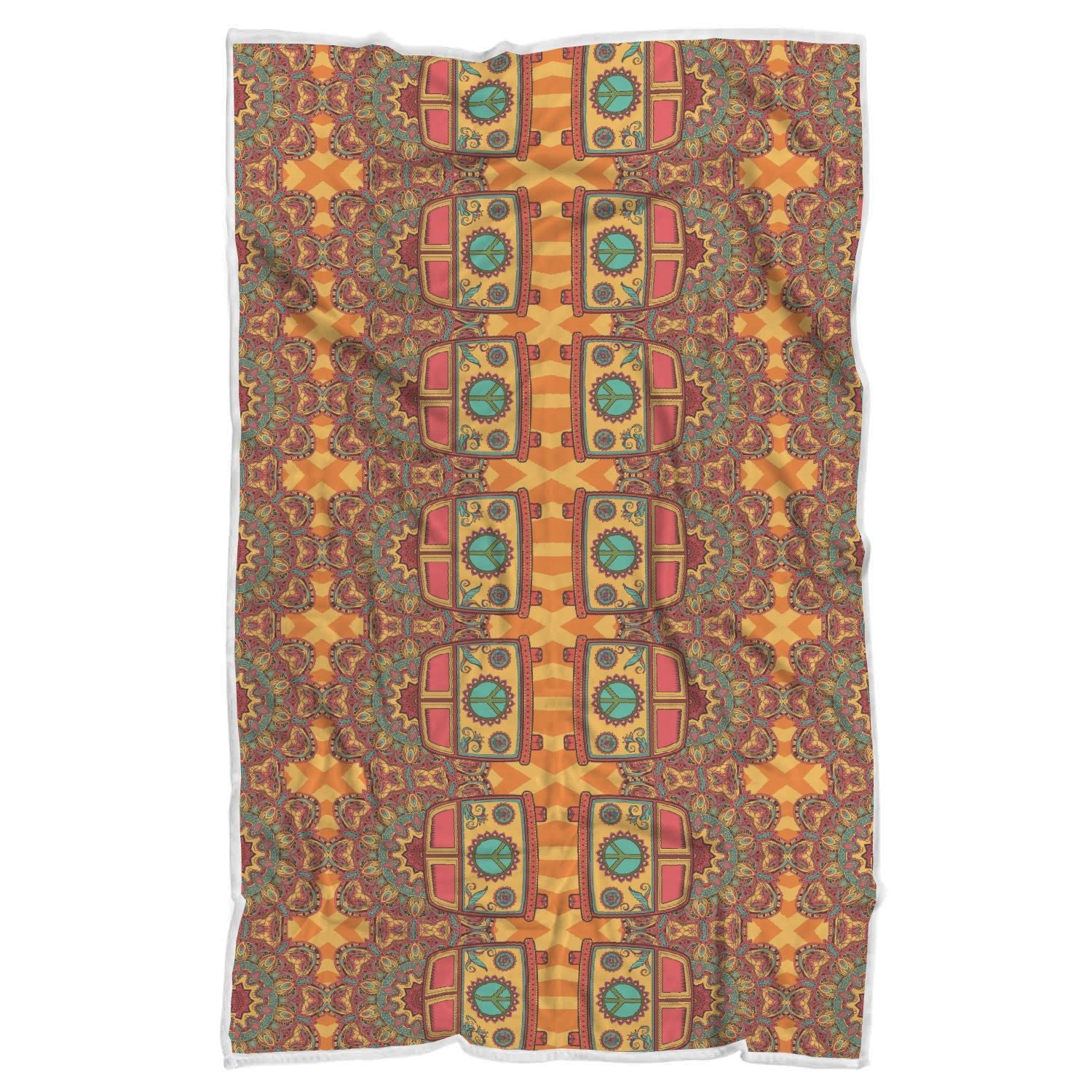 Hippie Van Peace Sign Mandala Pattern Print Throw Blanket-grizzshop