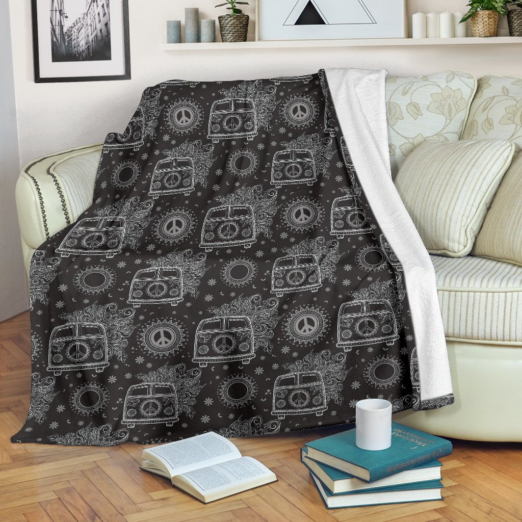 Hippie Van Peace Sign Pattern Print Blanket-grizzshop