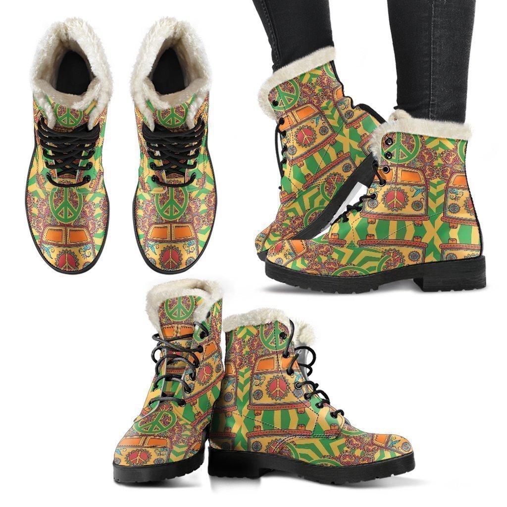 Hippie Van Peace Sign Pattern Print Comfy Winter Boots-grizzshop