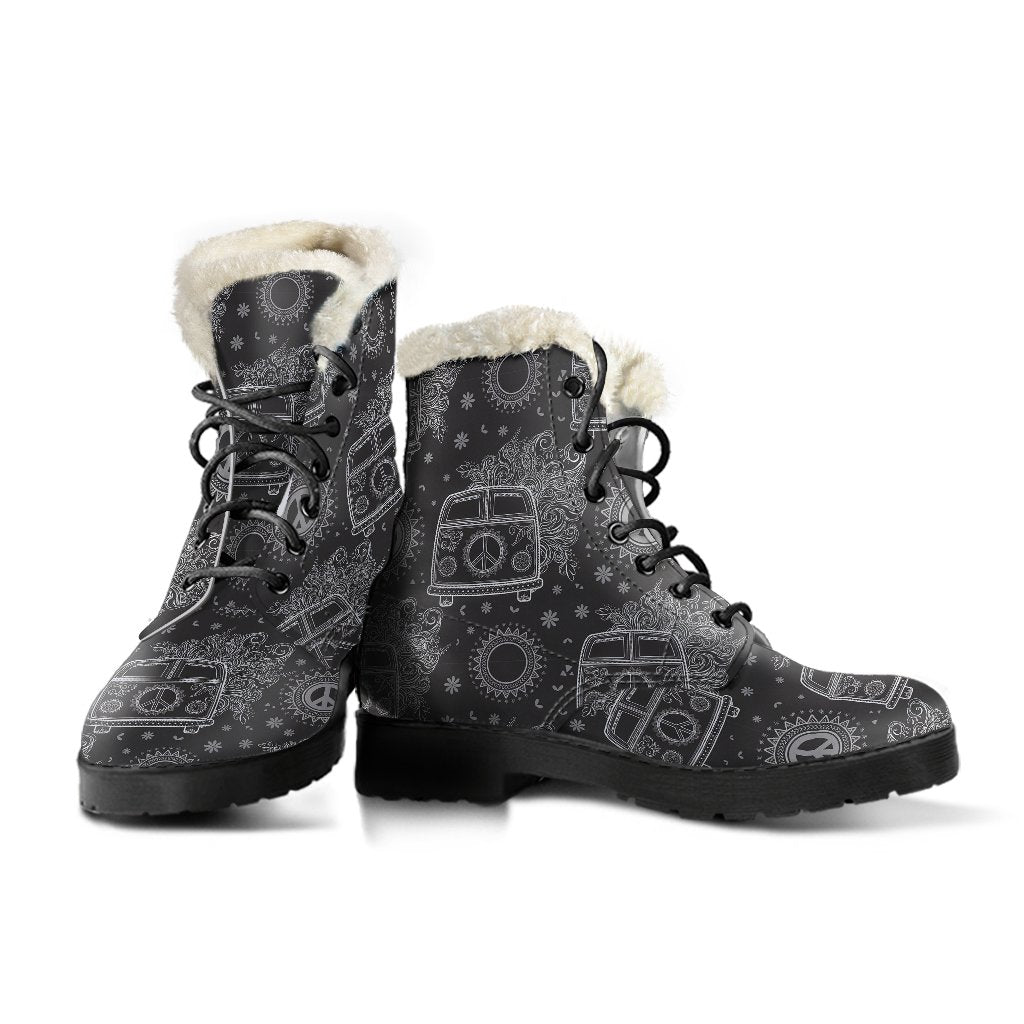 Hippie Van Peace Sign Pattern Print Comfy Winter Boots-grizzshop