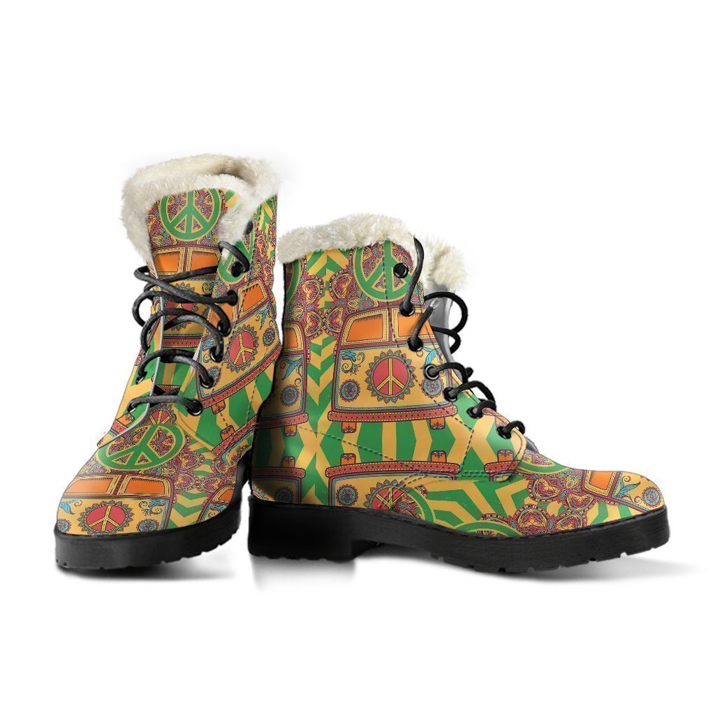 Hippie Van Peace Sign Pattern Print Comfy Winter Boots-grizzshop