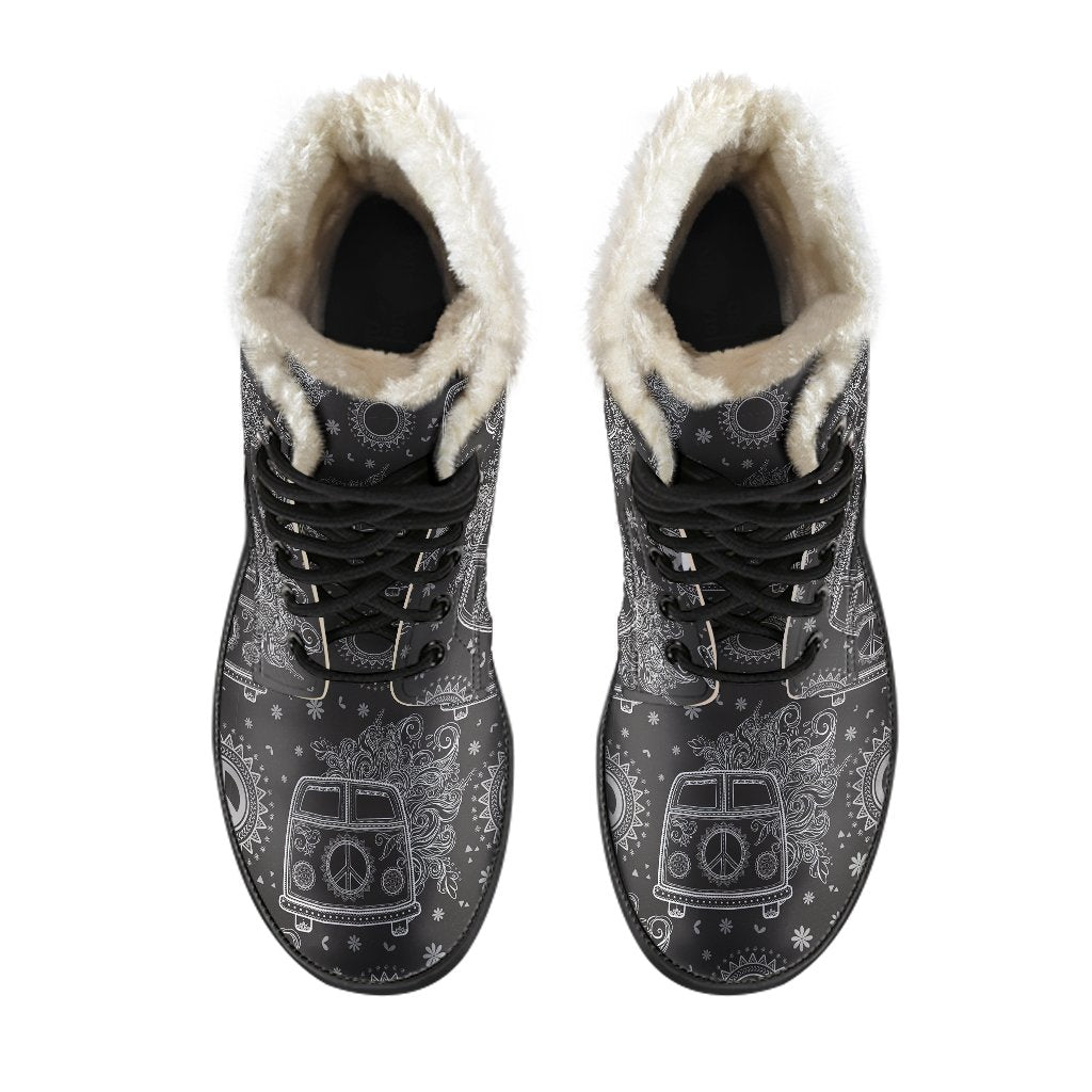 Hippie Van Peace Sign Pattern Print Comfy Winter Boots-grizzshop