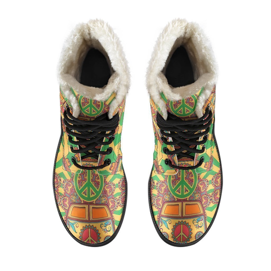 Hippie Van Peace Sign Pattern Print Comfy Winter Boots-grizzshop