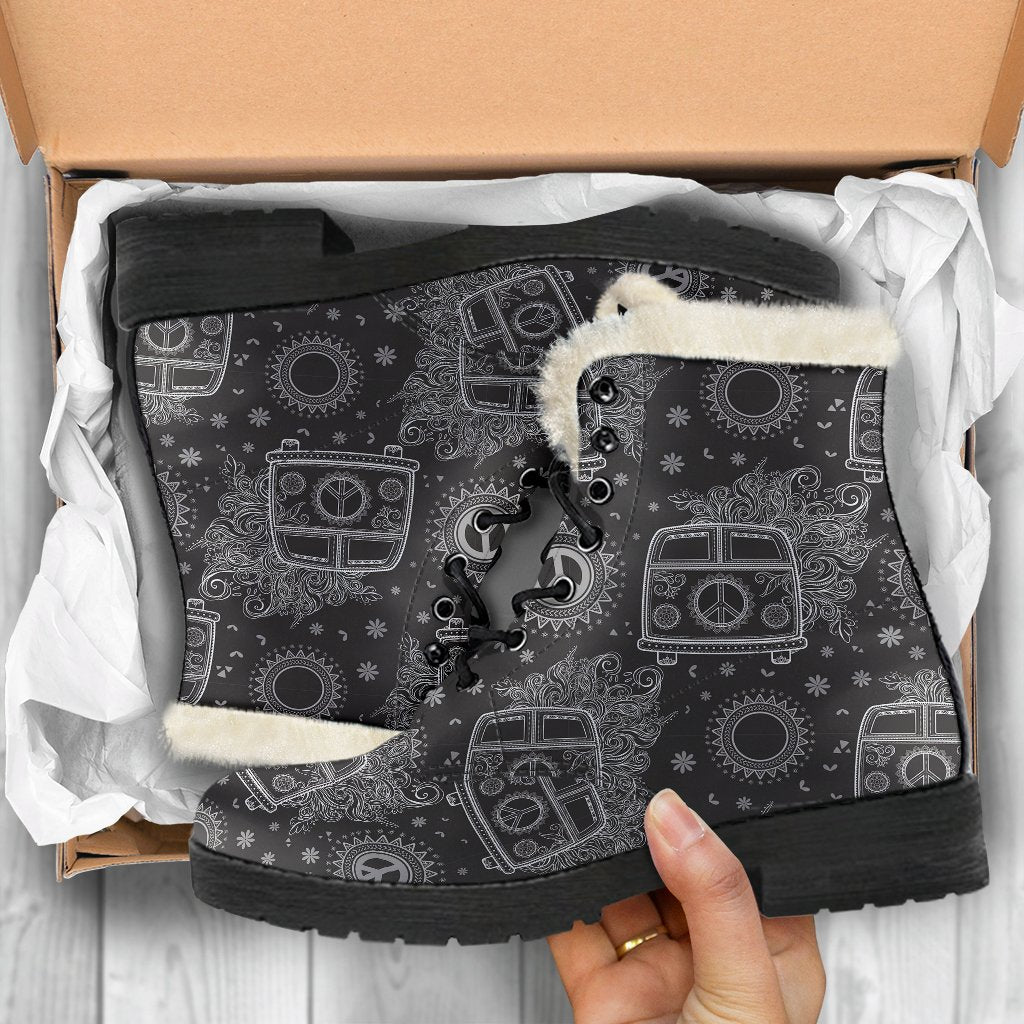 Hippie Van Peace Sign Pattern Print Comfy Winter Boots-grizzshop