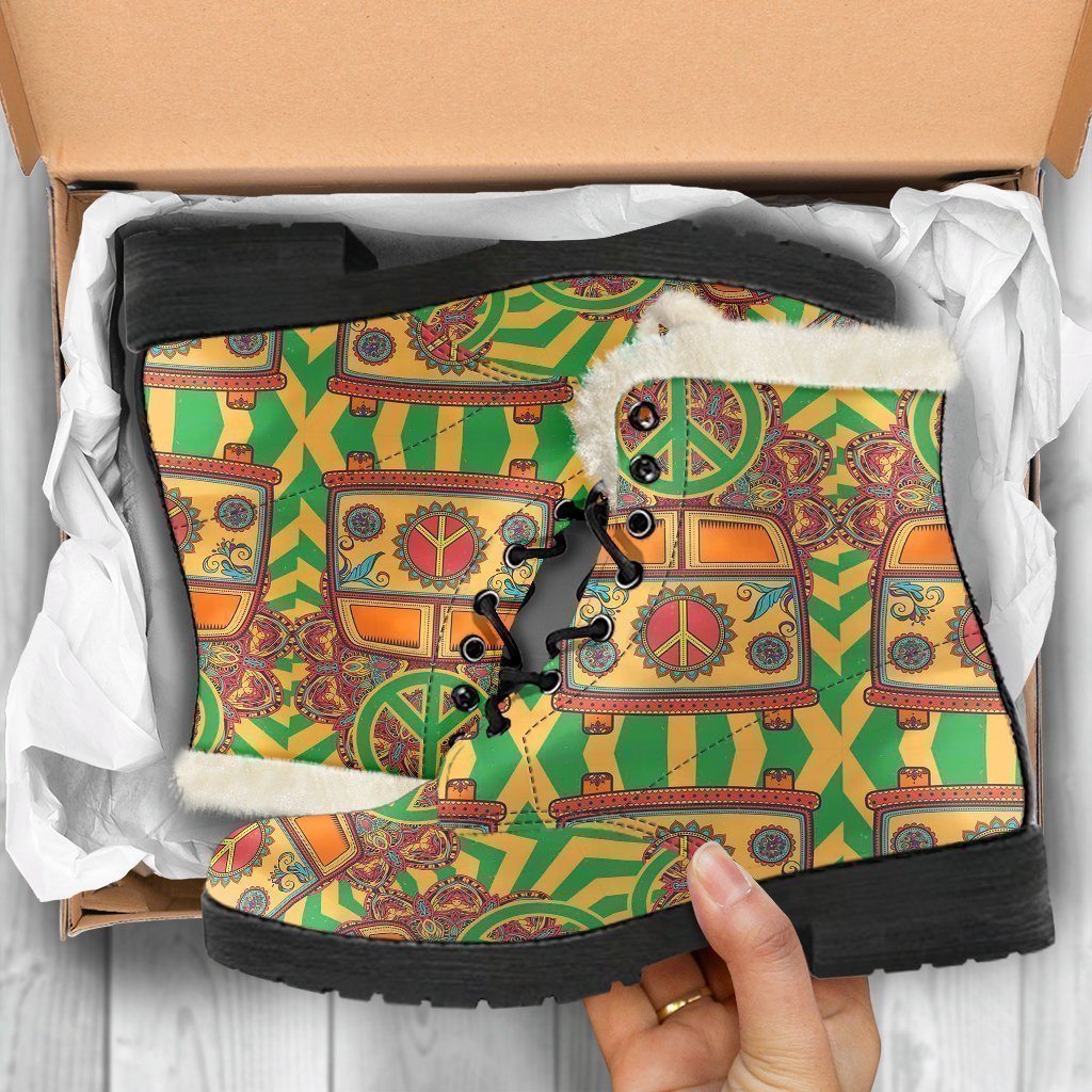 Hippie Van Peace Sign Pattern Print Comfy Winter Boots-grizzshop