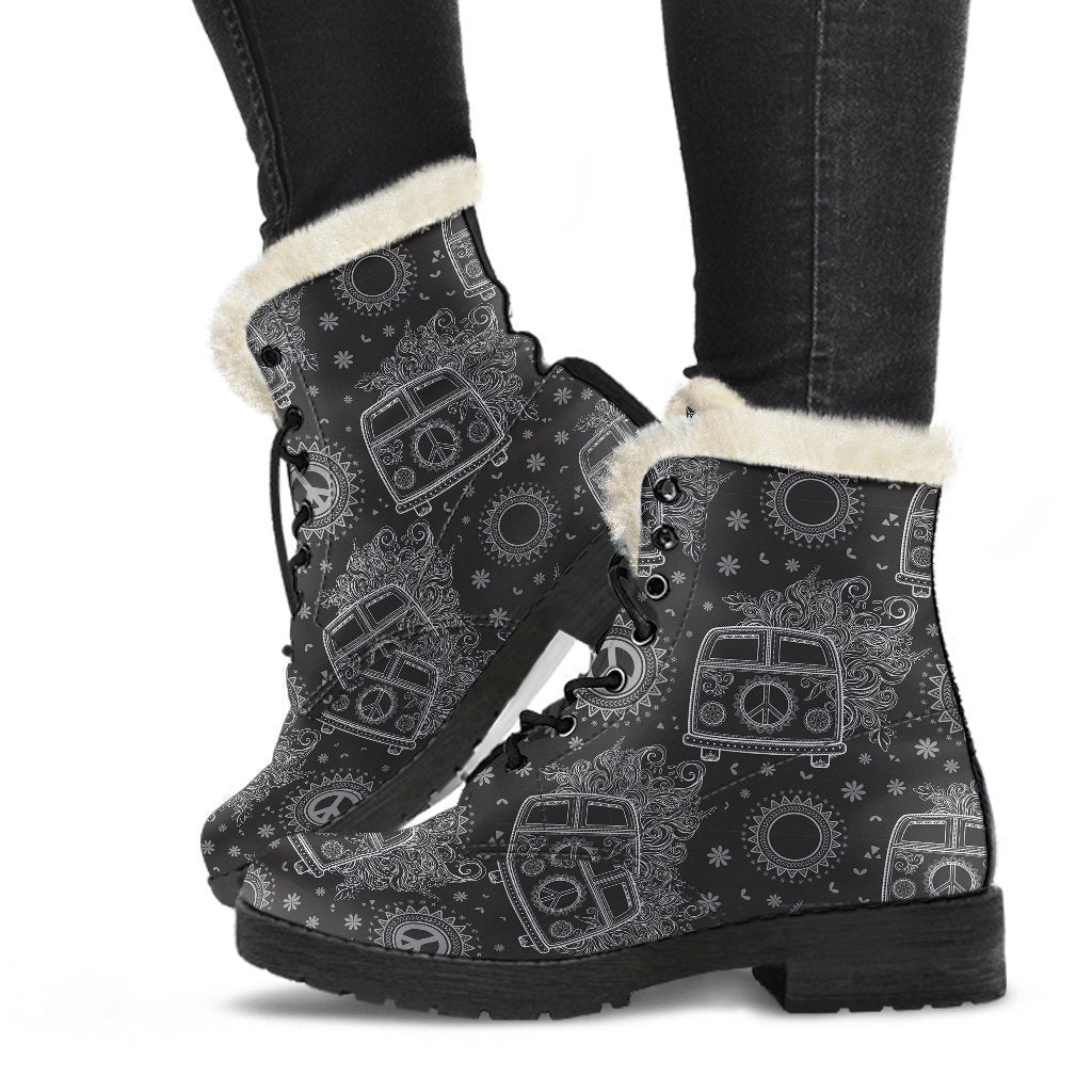 Hippie Van Peace Sign Pattern Print Comfy Winter Boots-grizzshop