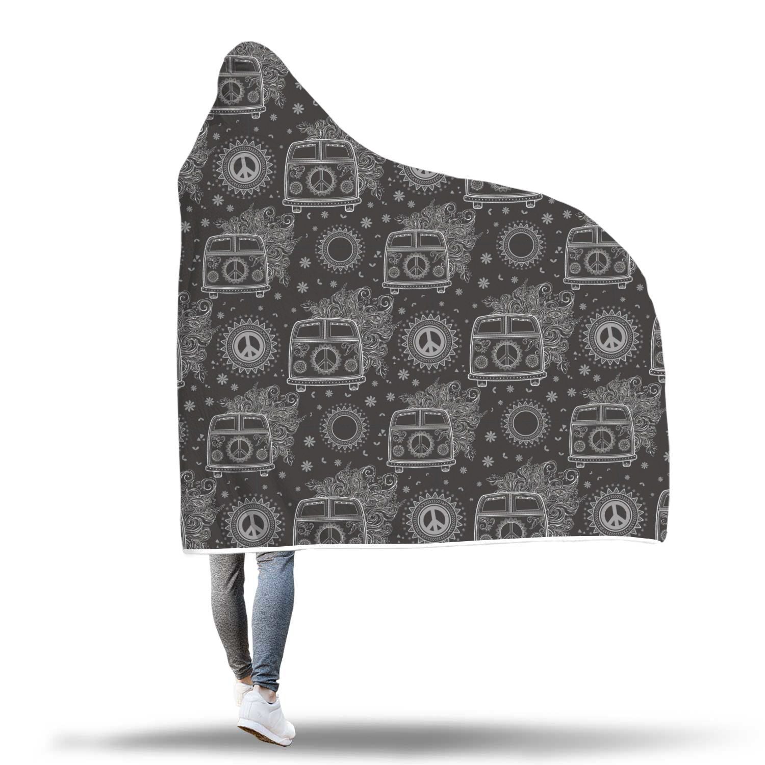 Hippie Van Peace Sign Pattern Print Hooded Blanket-grizzshop