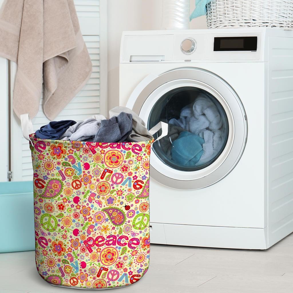 Hippie White Peace Laundry Basket-grizzshop