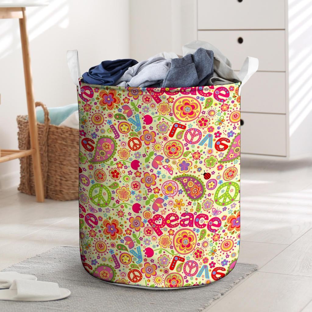 Hippie White Peace Laundry Basket-grizzshop