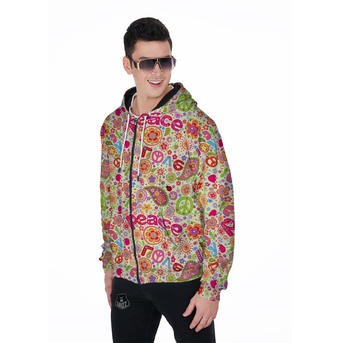 Hippie White Peace Men's Zip Up Hoodie-grizzshop