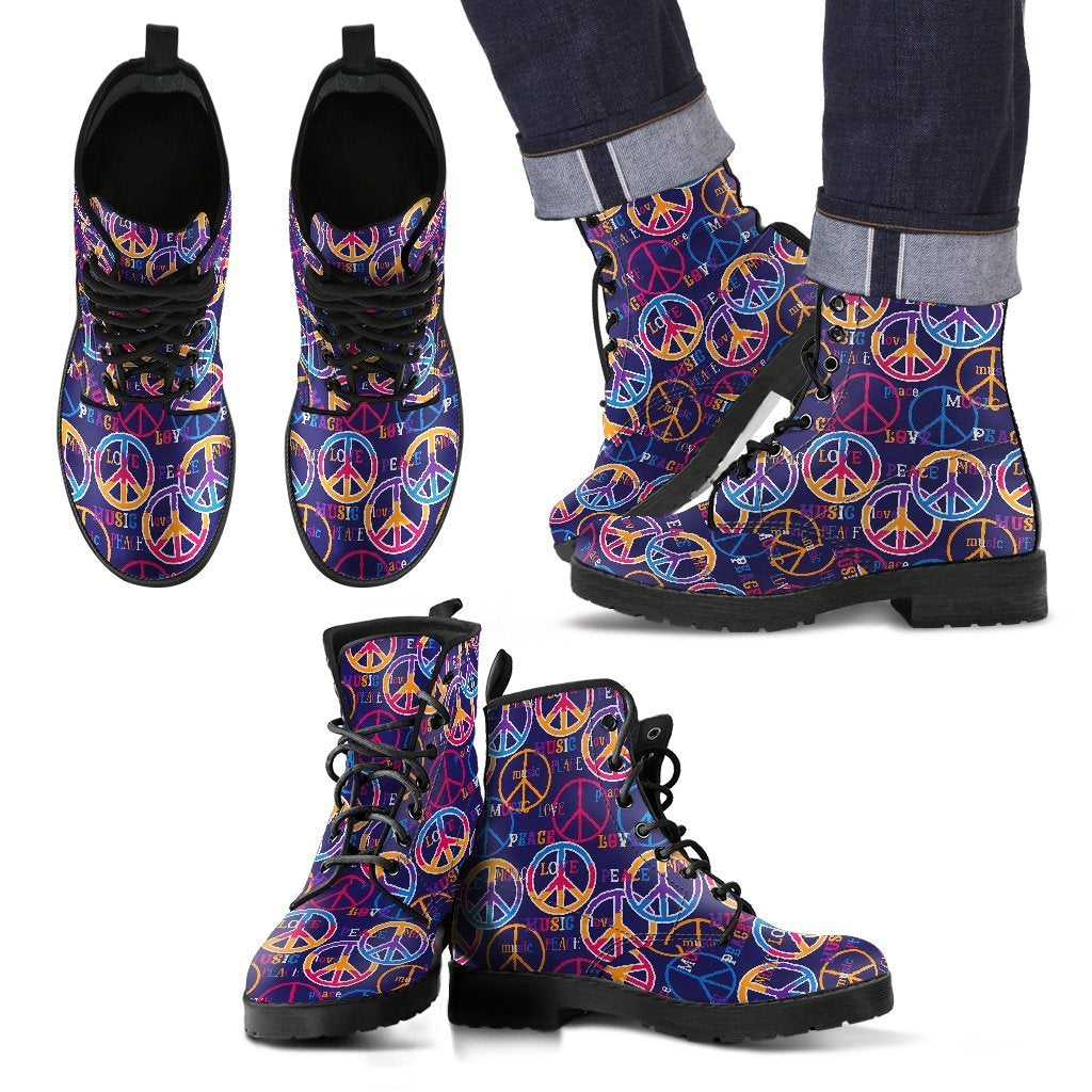 Hippie Music Van Peace Sign Pattern Print Men Women Leather Boots-grizzshop