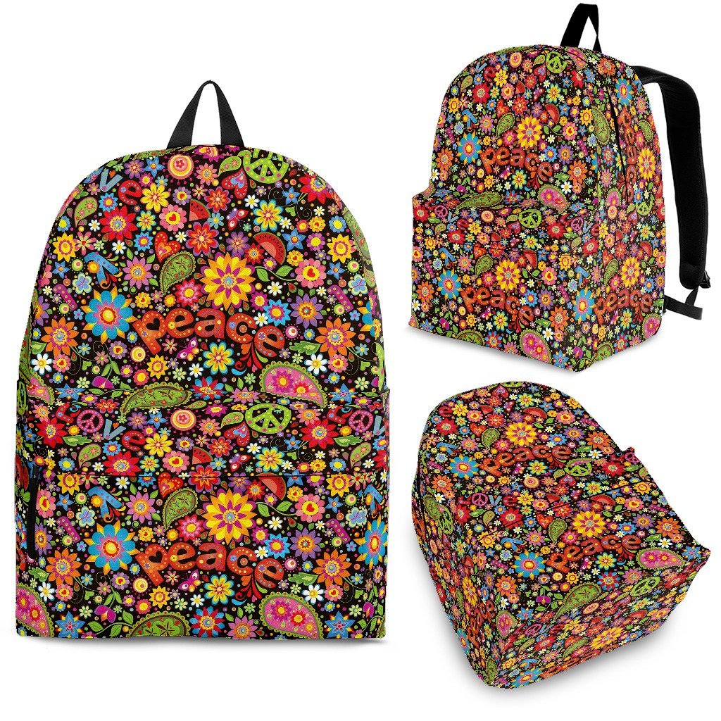 Hippie Paisley Floral Peace Sign Pattern Print Premium Backpack-grizzshop