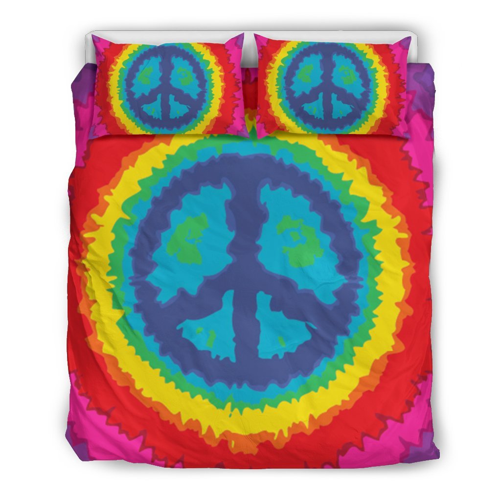 Hippie Tie dye Peace Sign Pattern Print Duvet Cover Bedding Set-grizzshop
