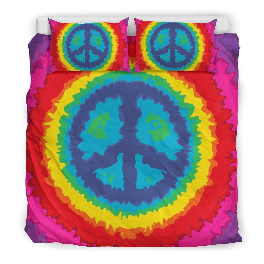 Hippie Tie dye Peace Sign Pattern Print Duvet Cover Bedding Set-grizzshop