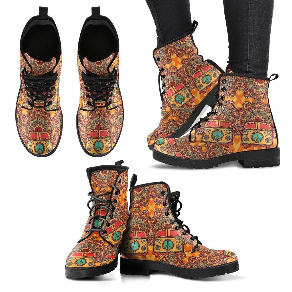 Hippie Van Peace Sign Mandala Pattern Print Men Women Leather Boots-grizzshop
