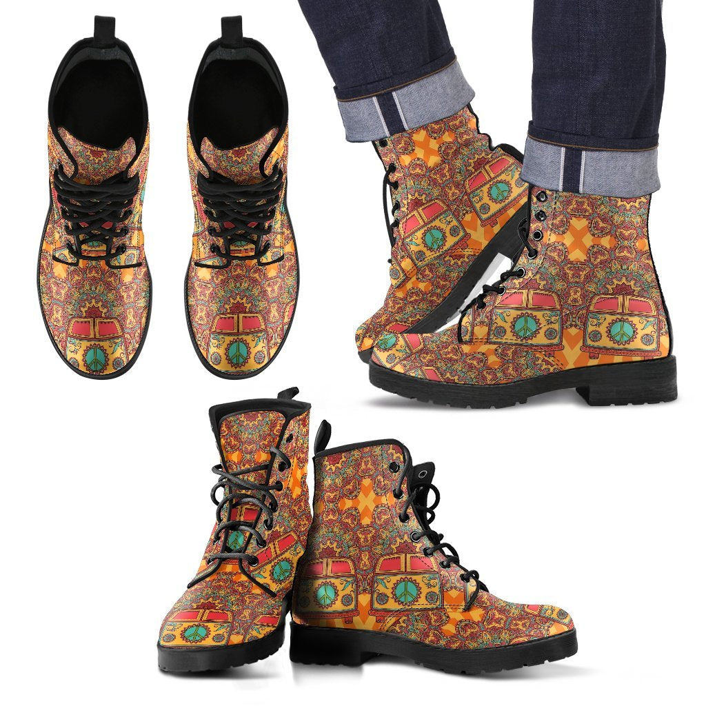 Hippie Van Peace Sign Mandala Pattern Print Men Women Leather Boots-grizzshop