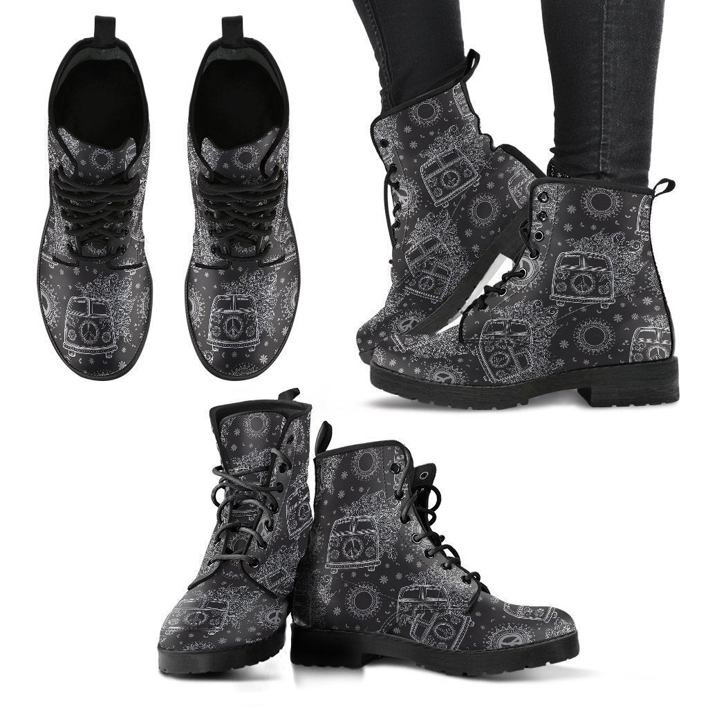 Hippie Van Peace Sign Pattern Print Men Women Leather Boots-grizzshop