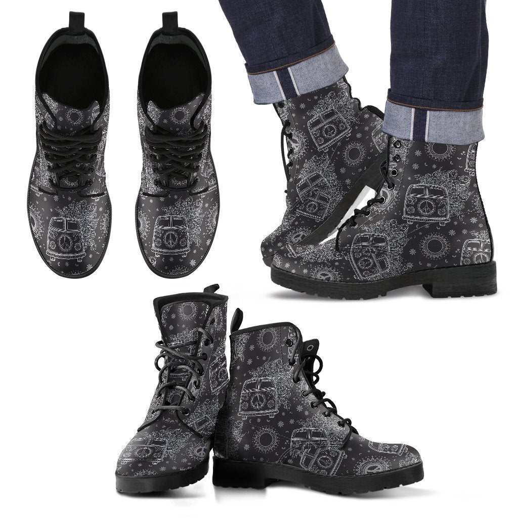 Hippie Van Peace Sign Pattern Print Men Women Leather Boots-grizzshop