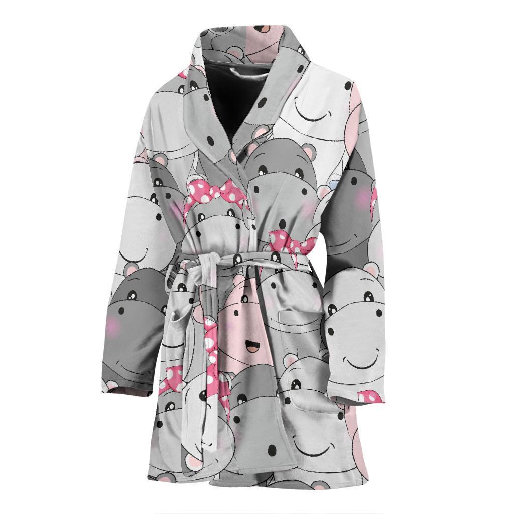 Hippo Cute Print Pattern Women Long Robe-grizzshop