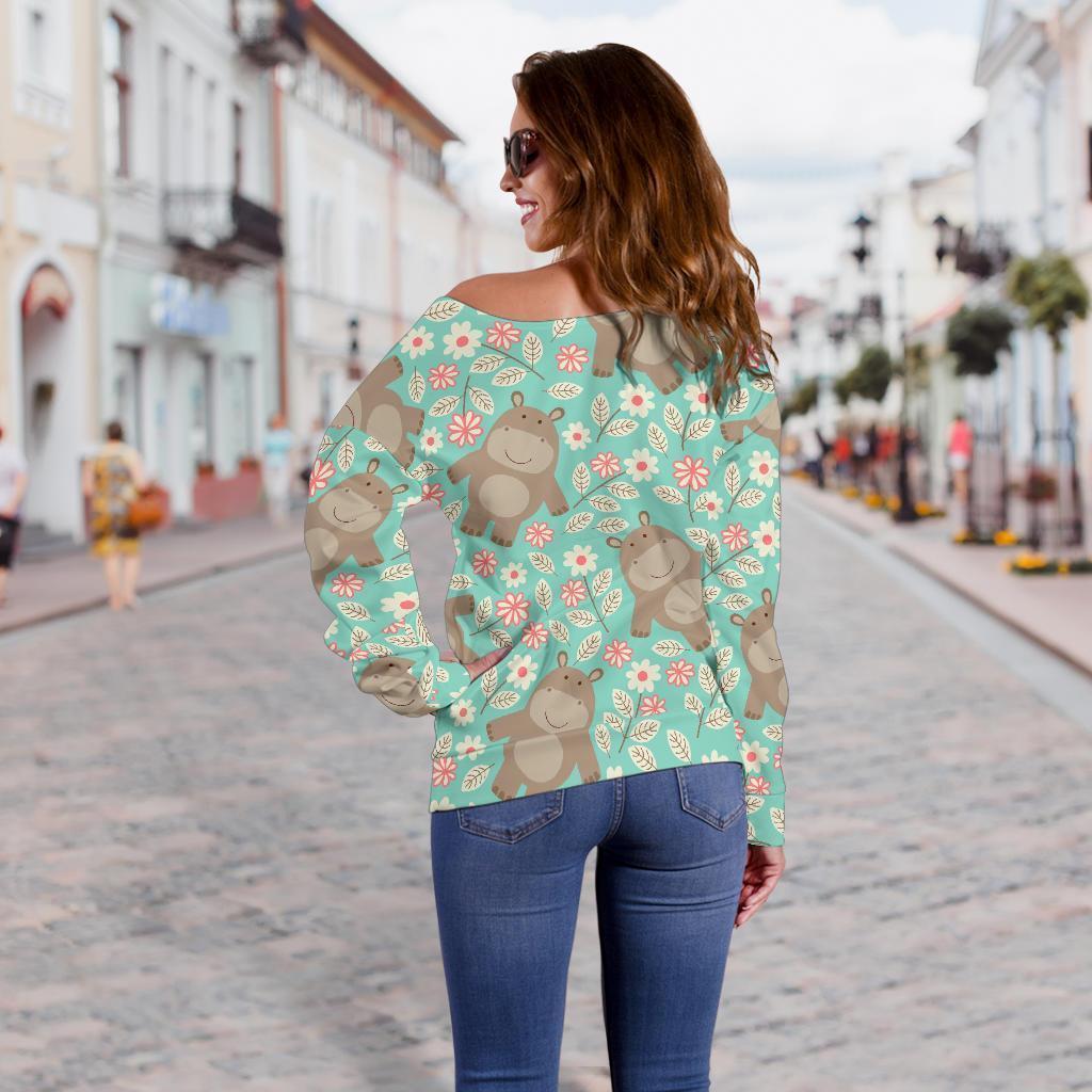 Hippo Floral Pattern Print Women Off Shoulder Sweatshirt-grizzshop